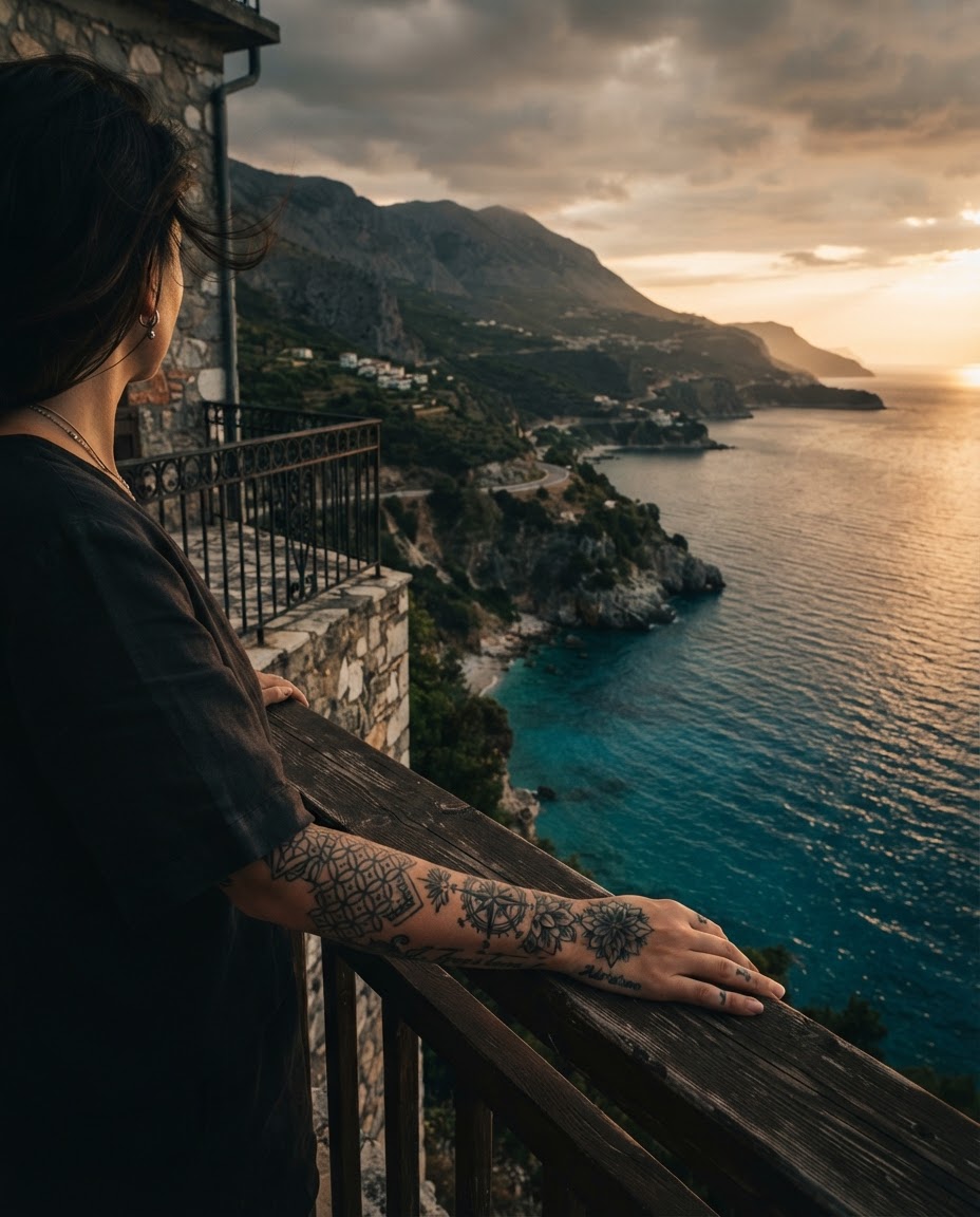 Tattooed arm resting on a balcony above the Albanian Riviera at golden hour