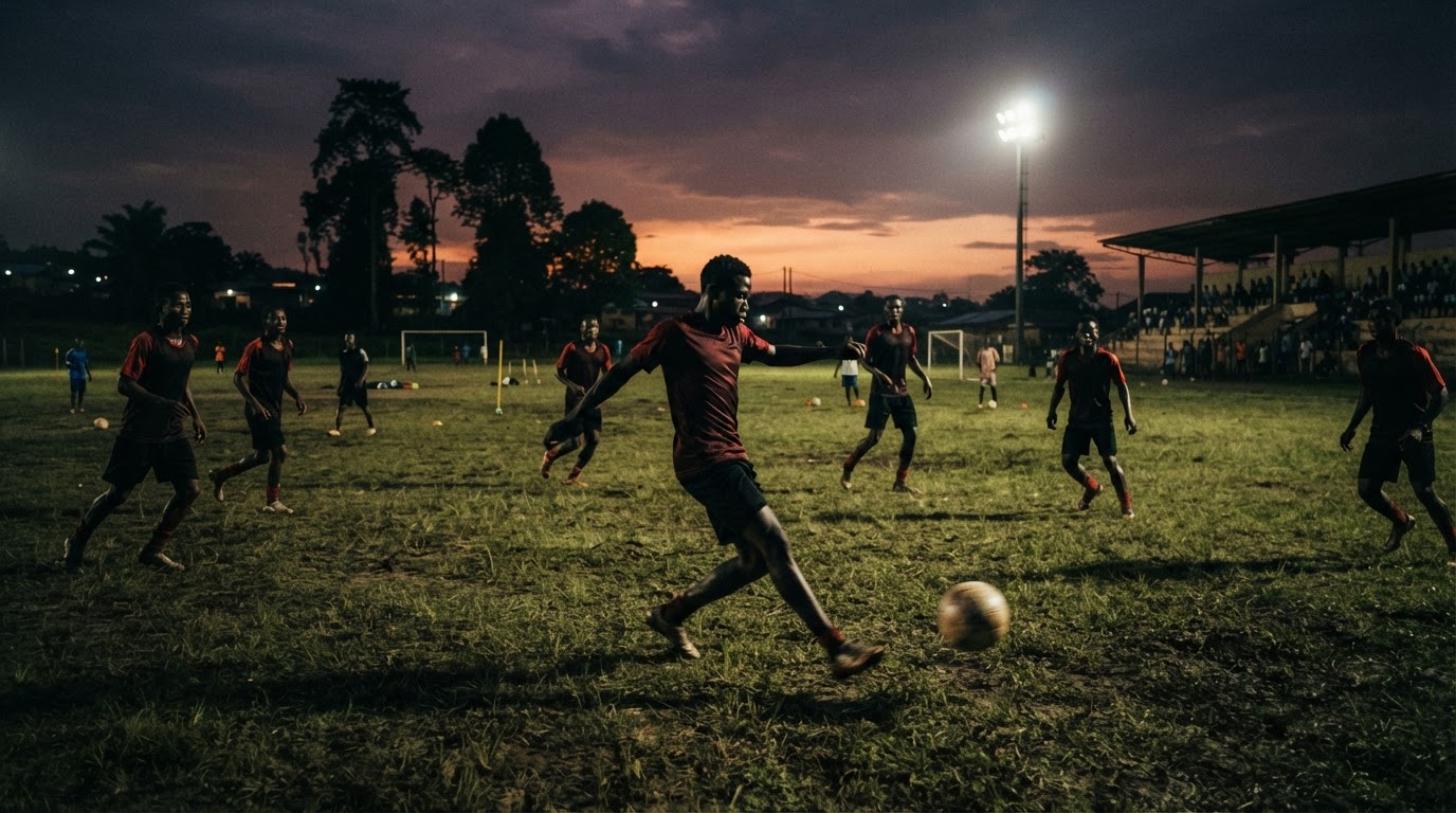 Young footballers training on a floodlit pitch in Cameroon at dusk