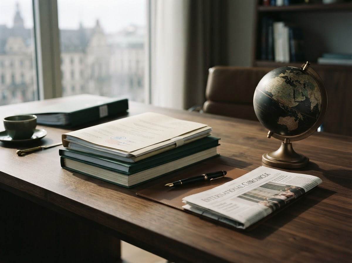 Bureau en bois avec documents juridiques, stylo et globe terrestre près d’une fenêtre
