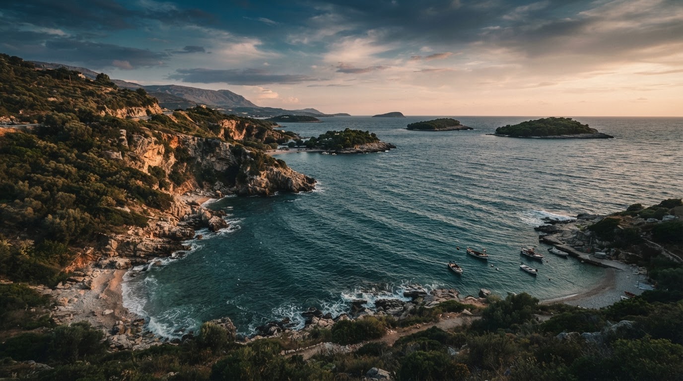The Albanian Riviera coastline at golden hour