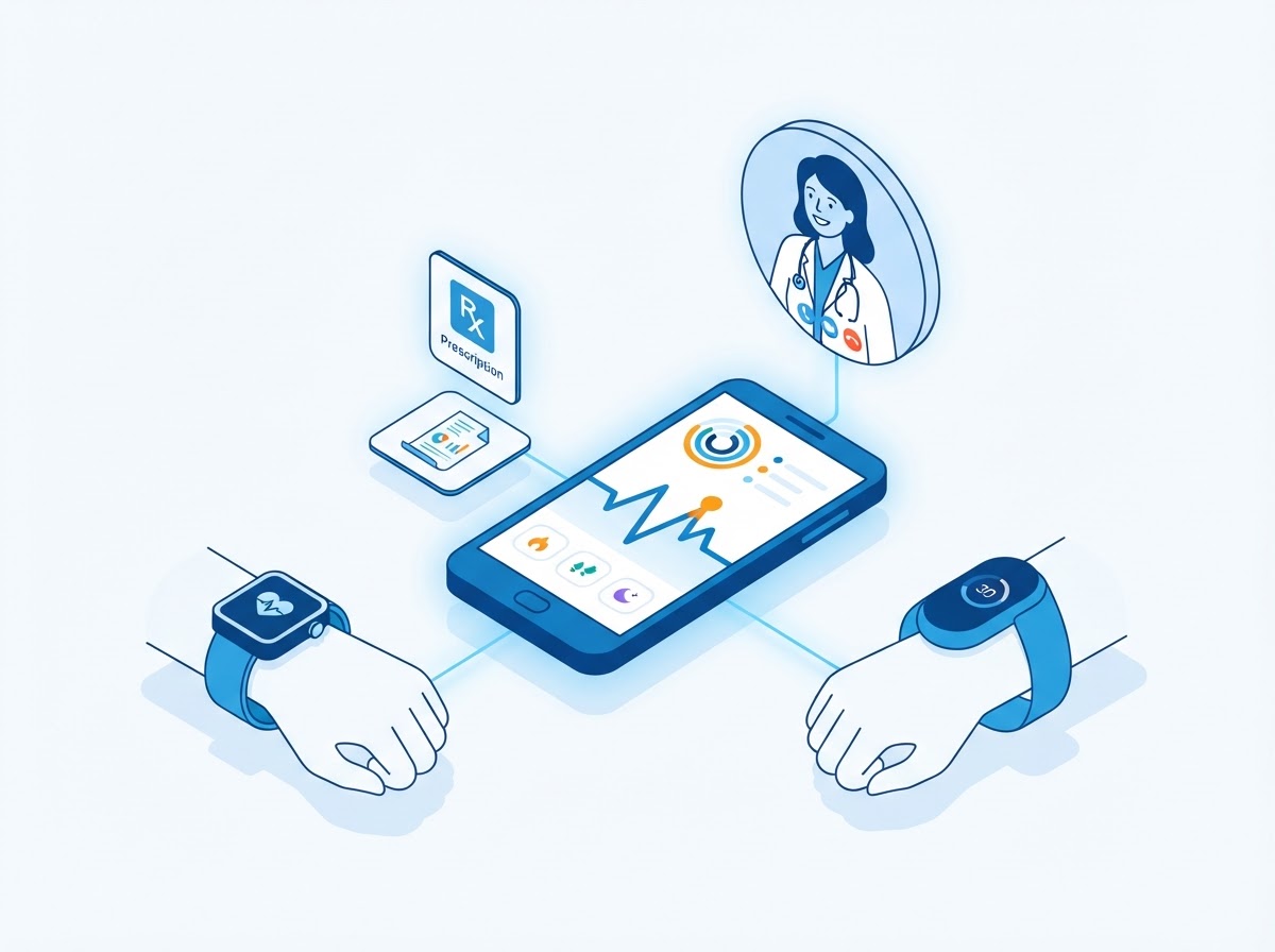 Isometric illustration of a health dashboard phone connected to a smartwatch, fitness band and a doctor video call