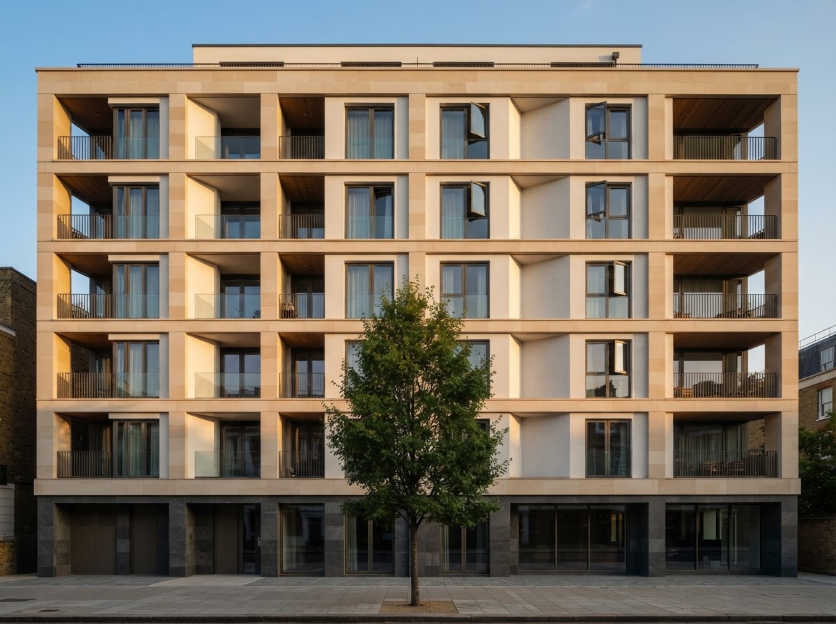Façade d’un immeuble résidentiel contemporain en lumière de fin de journée