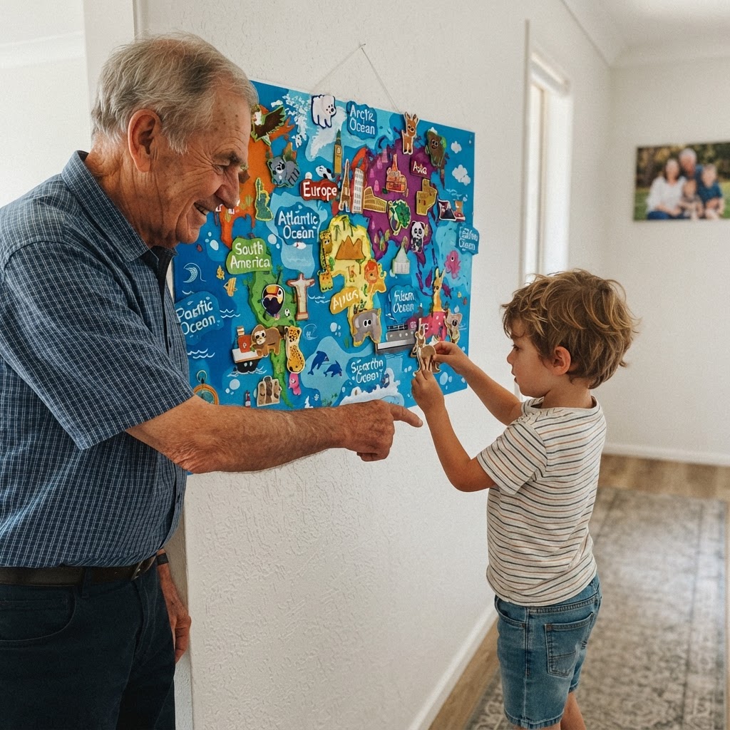 George W.'s grandchild with the World Map felt board