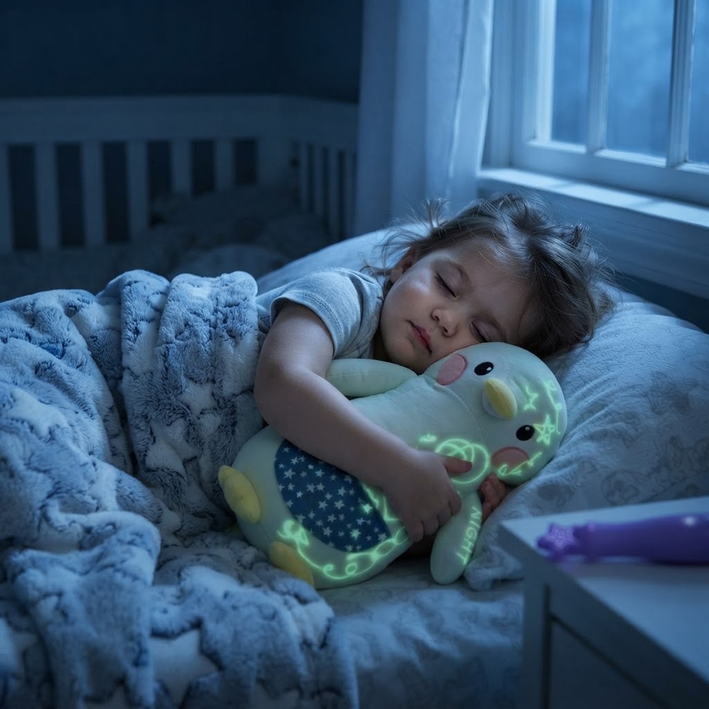 Toddler asleep hugging the penguin plush as its glowing doodles fade