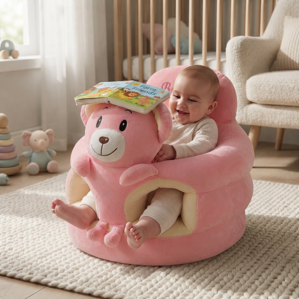 Baby reading a board book in a Rosie Bear Hugsy Seat