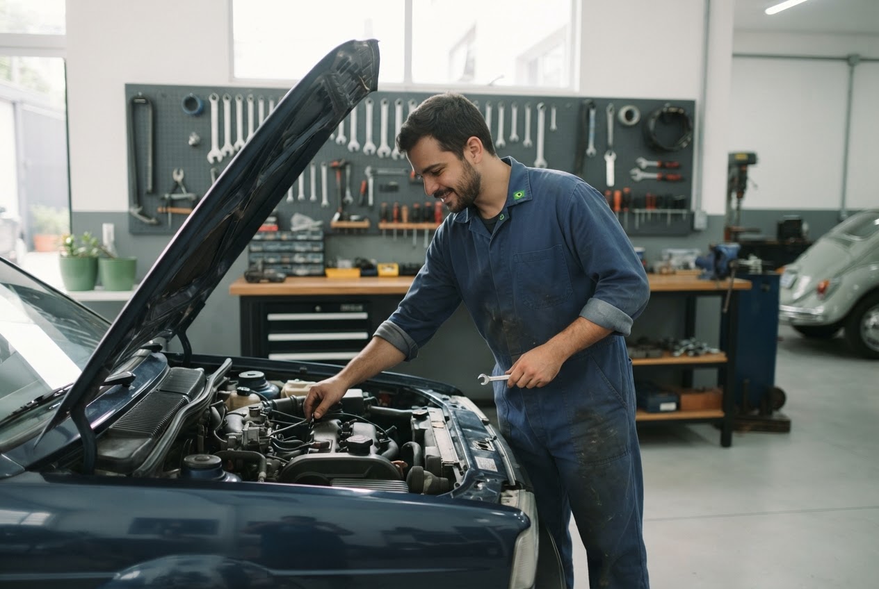 Mecânico verificando o motor de um carro em uma oficina