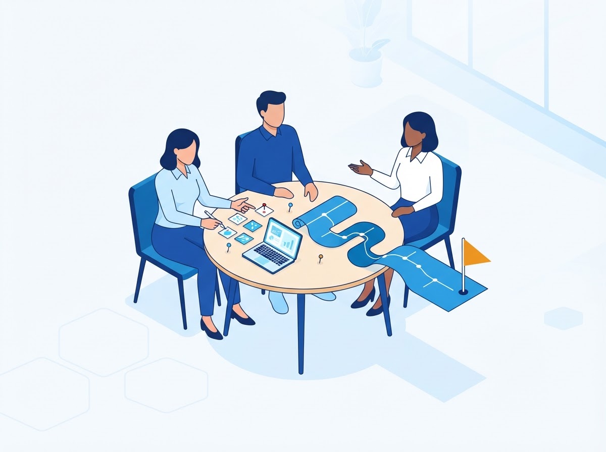 Isometric illustration of a discovery workshop with three people, sticky notes and a roadmap timeline