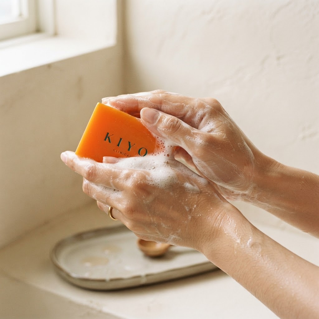 Hands lathering a Kiyo Clinical persimmon soap bar