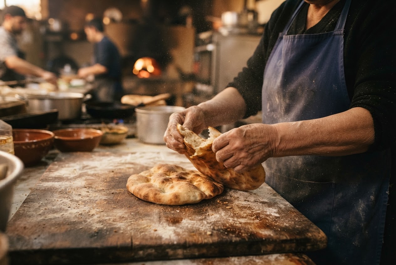 Handen die warme Marokkaanse khobz breken in de keuken