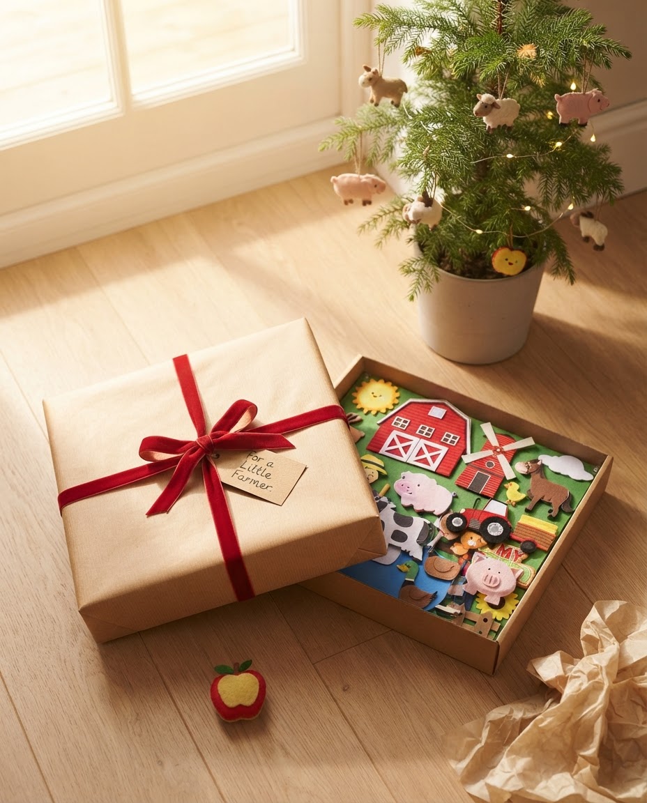 Wrapped Feltly gift box beside an open box of Busy Farm felt pieces