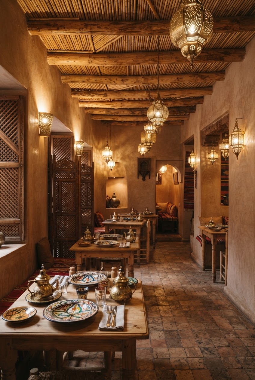 De eetzaal van Paloma Blanca: kleimuren, een rieten plafond en doorboorde koperen lantaarns