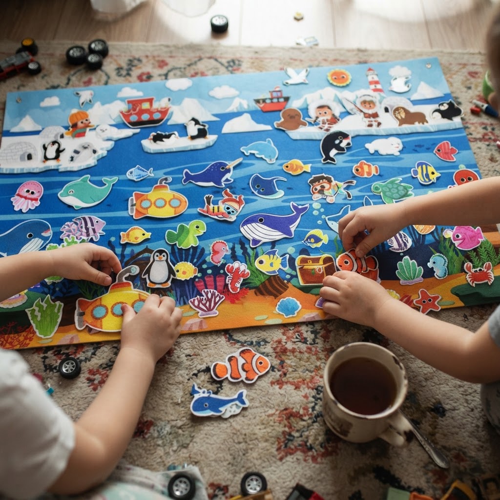 Lena B.'s twins playing with the Arctic & Ocean felt board