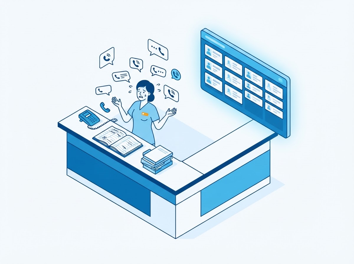 Isometric illustration contrasting an overwhelmed reception desk with an orderly digital patient queue