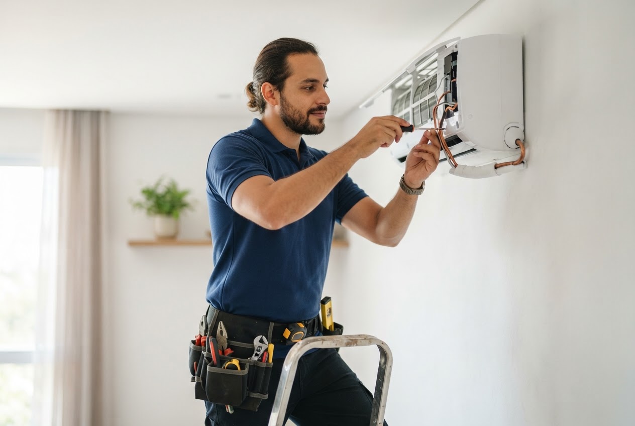 Técnico instalando um ar-condicionado split na parede de um apartamento