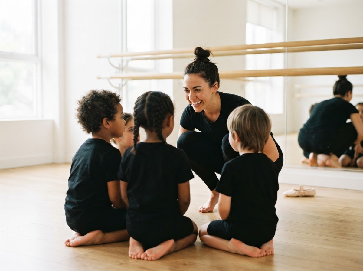 Dance teacher talking with a group of young students in a studio