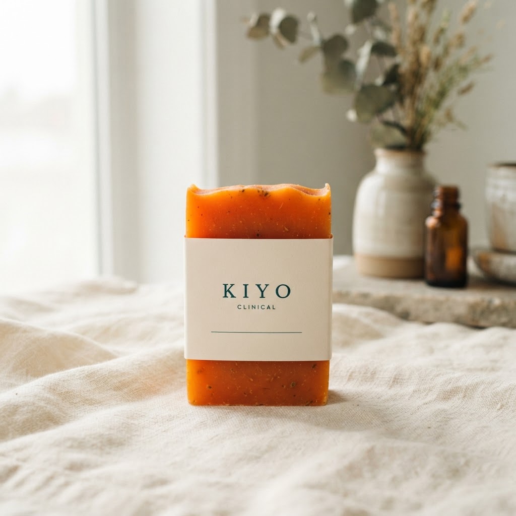 Kiyo Clinical Persimmon Deodorizing Soap with kraft band on an off-white background