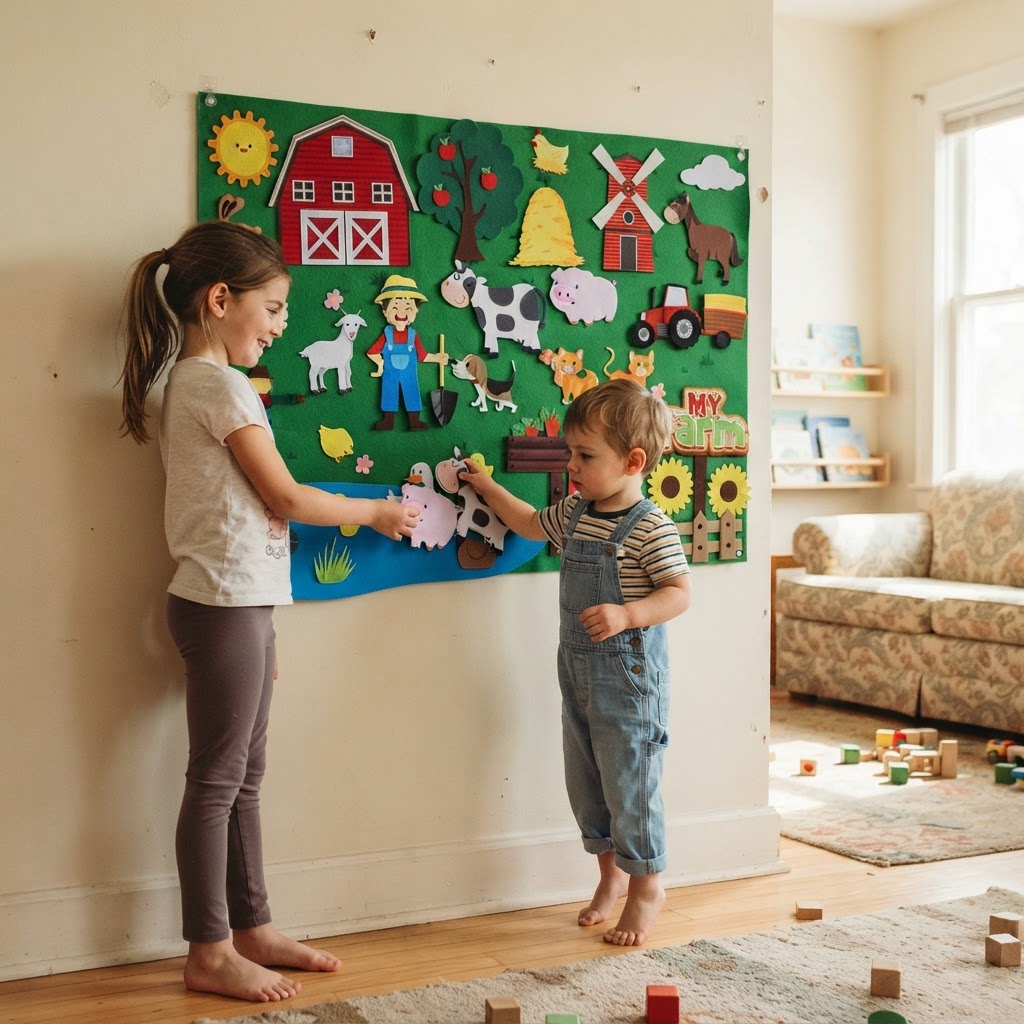 Priya M.'s children playing with the Busy Farm felt board