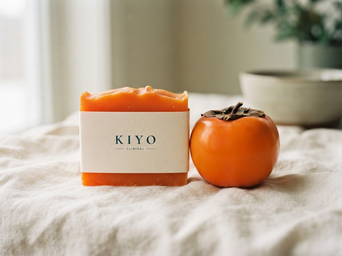 Kiyo Clinical persimmon deodorizing soap bar beside a fresh persimmon on linen