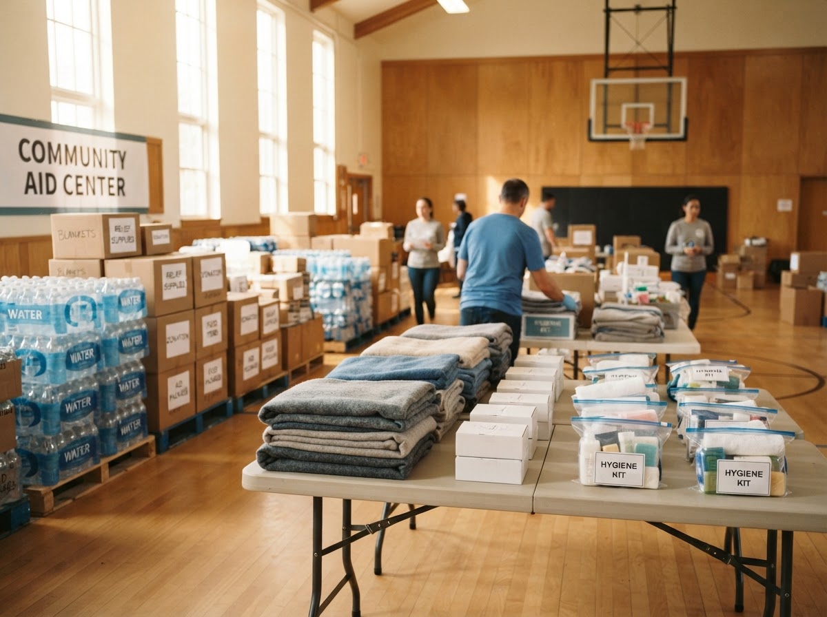 Relief kits, water, and essential supplies prepared for a community response