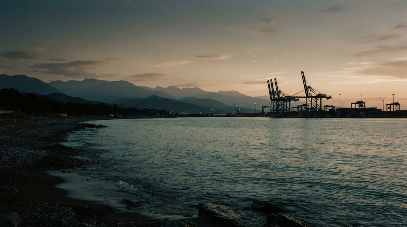 Littoral au crépuscule avec un port de conteneurs à l’horizon