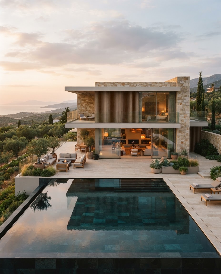 Modern stone villa with an infinity pool overlooking the sea at sunset