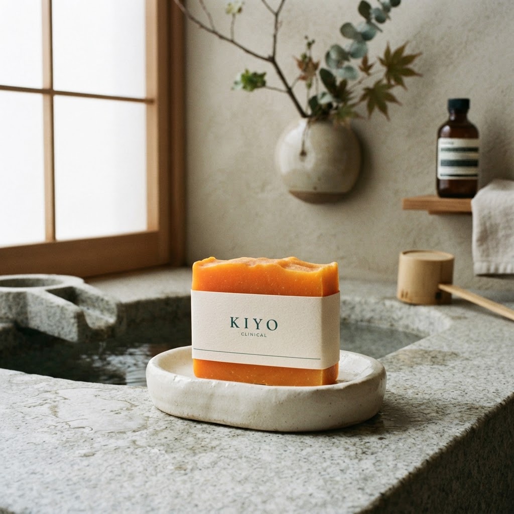 Kiyo Clinical persimmon soap bar on a ceramic dish beside a basin