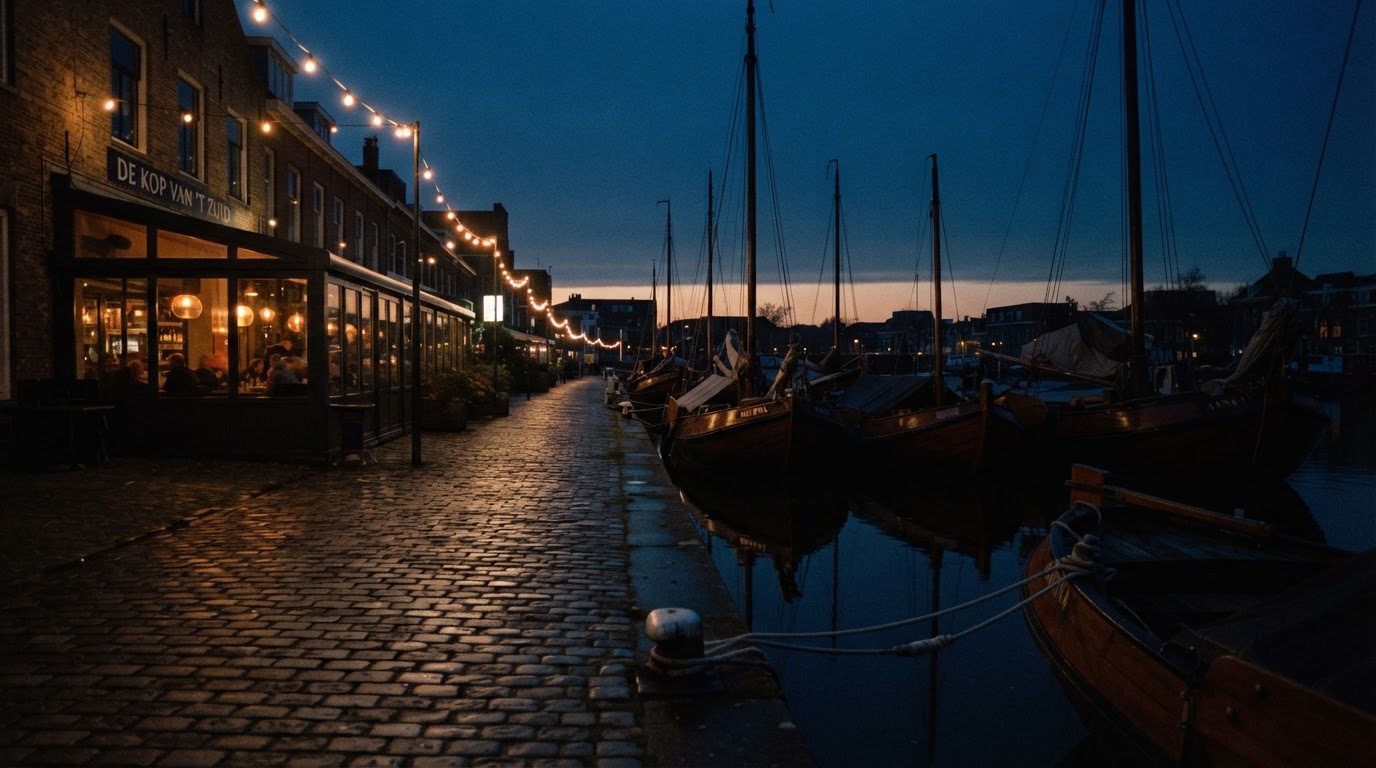 The Pulcinos terrace and the moored boats of the Piushaven at dusk
