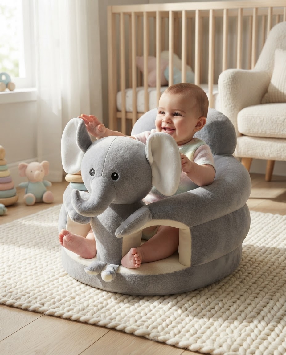 Baby sitting upright in a Cloud Elephant Hugsy Seat