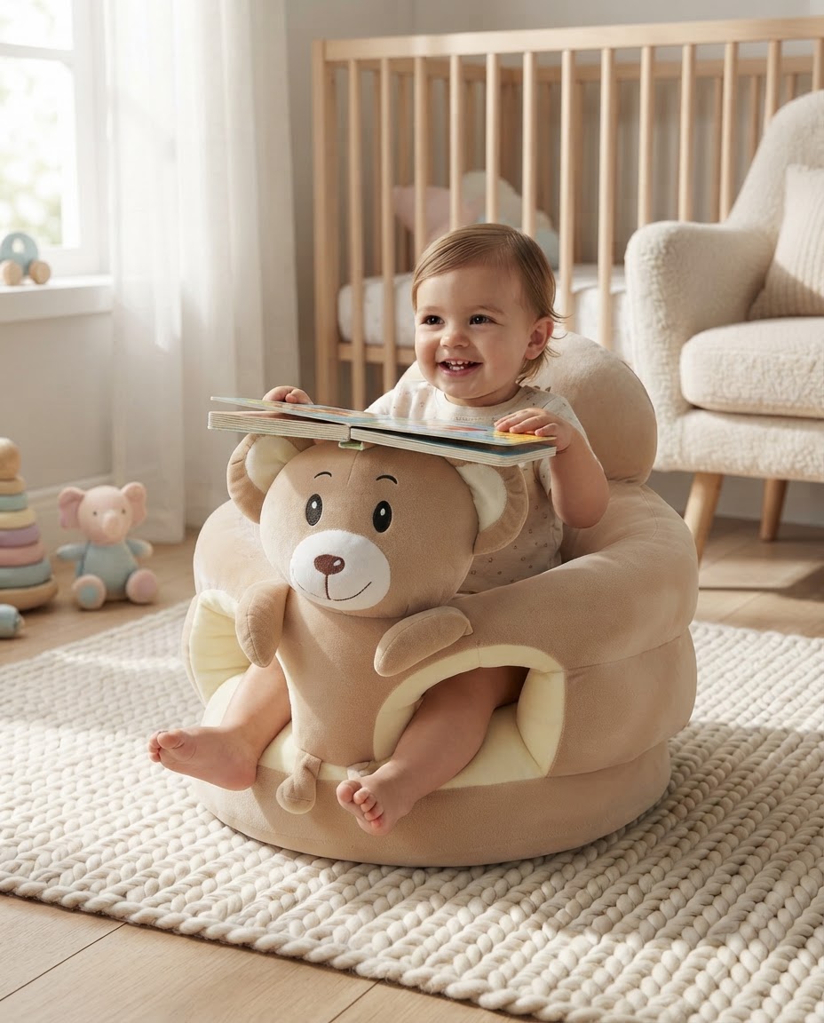 Toddler reading in a Honey Bear Hugsy Seat