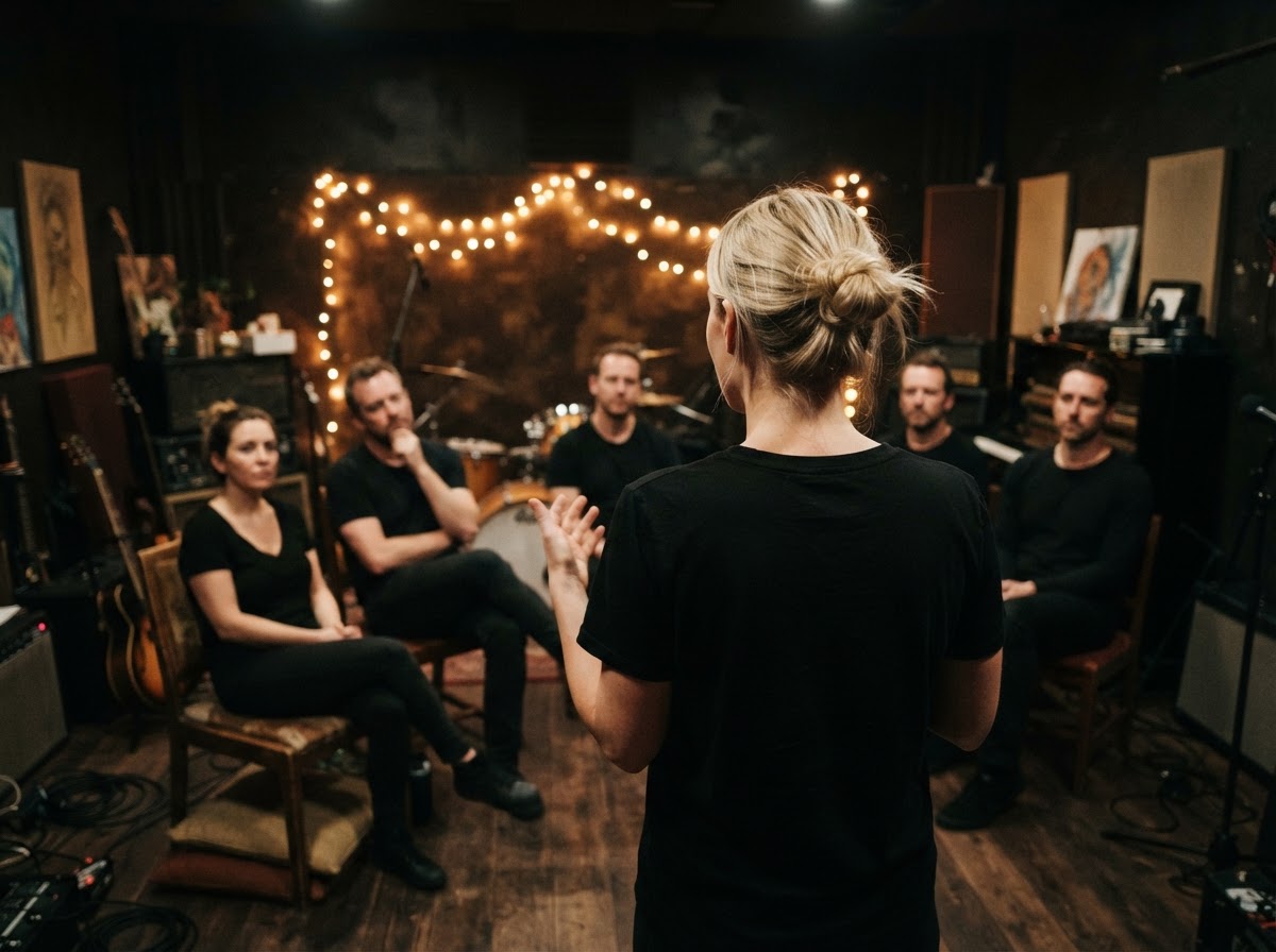 Workshop leader speaking to a group of performers in a rehearsal studio