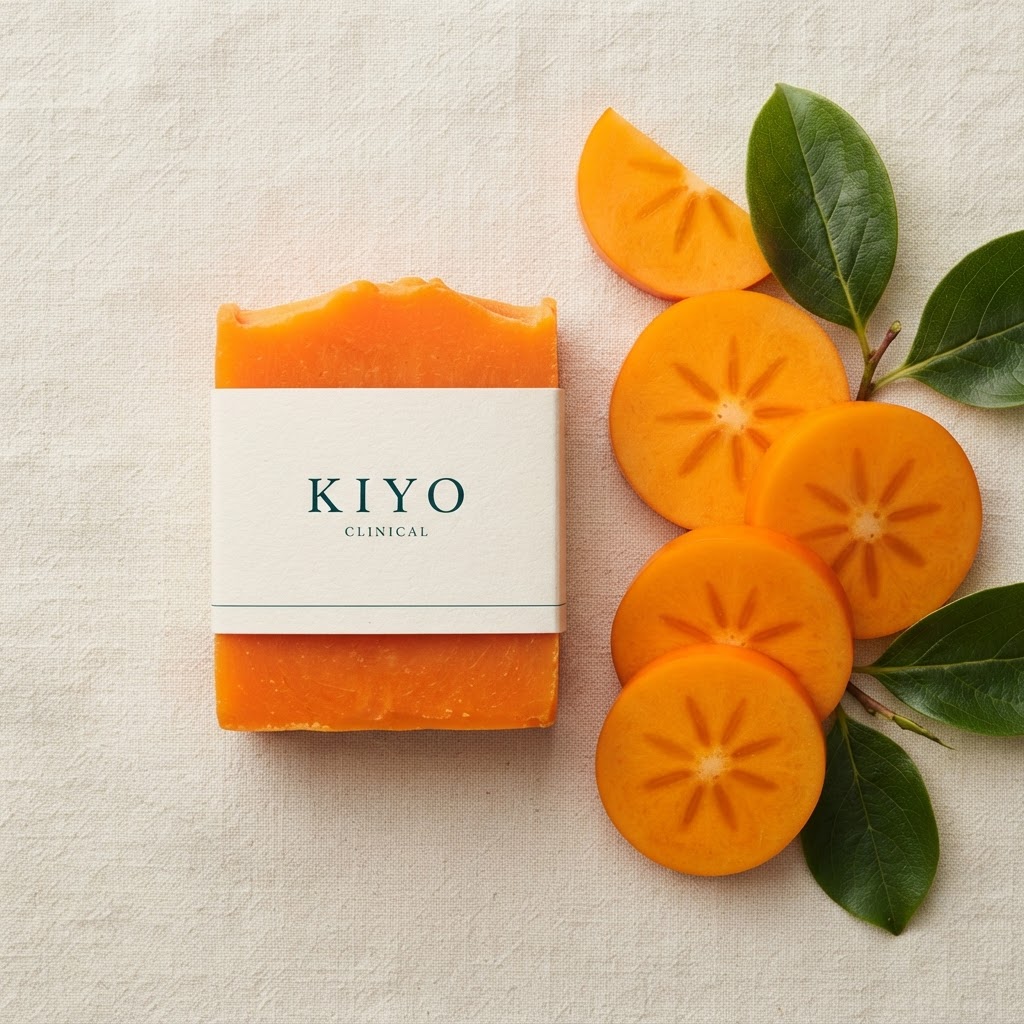 Kiyo Clinical persimmon soap bar surrounded by fresh persimmon slices and leaves