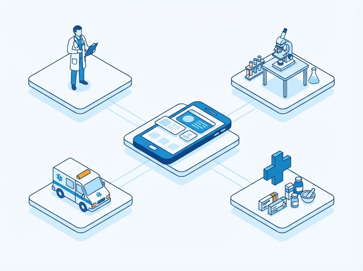 Isometric illustration of a central healthcare app connected to doctor, laboratory, pharmacy and ambulance services