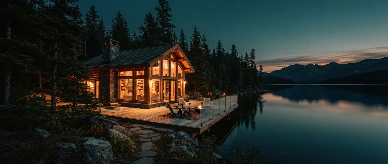 Lakeside cabin glowing at dusk