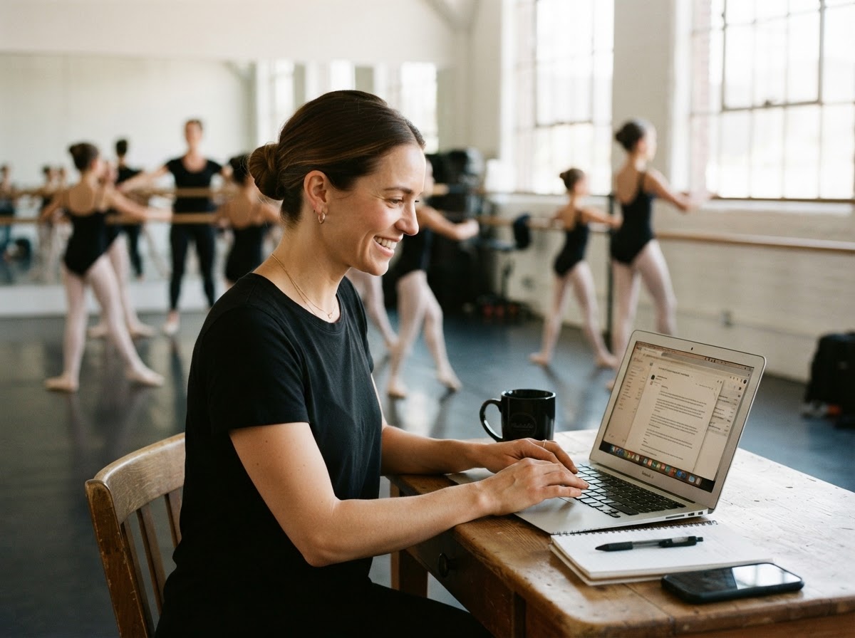 Dance teacher logging in to her account beside a ballet class
