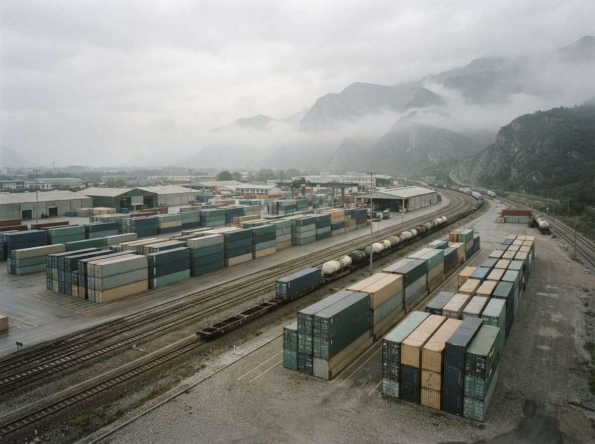 Terminal logistique : conteneurs empilés le long de voies ferrées, montagnes en arrière-plan