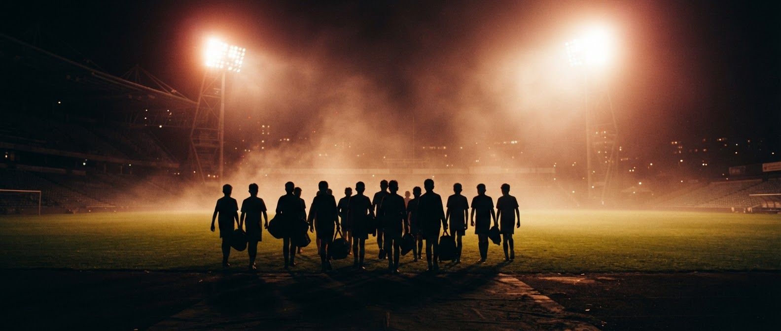 Silhouettes of a youth football team walking toward stadium floodlights