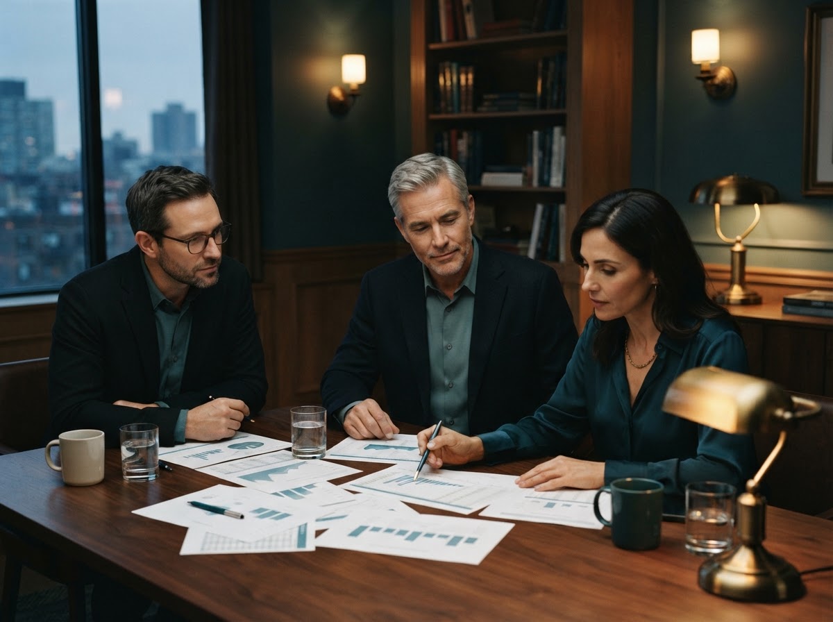 A small board meeting reviewing cash flow papers