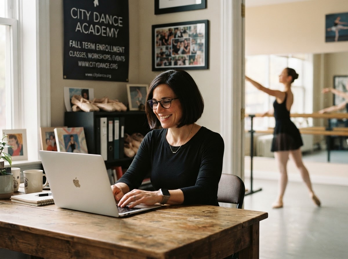 Dance academy manager posting a job on her laptop