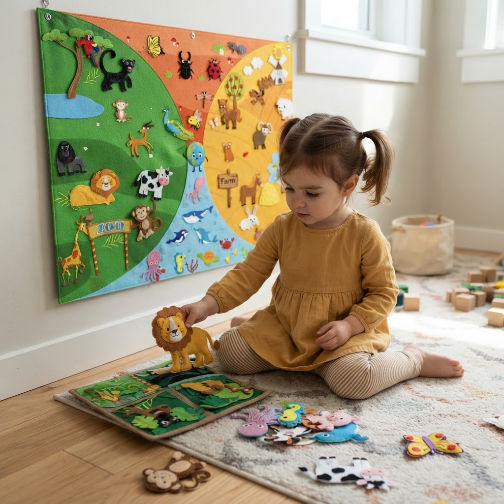 Child playing with the Animal Habitats board
