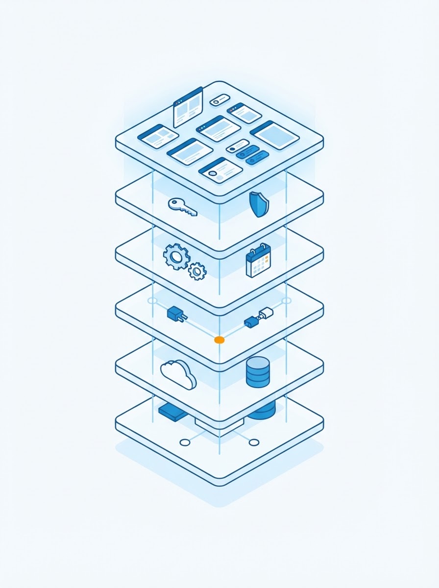 Isometric illustration of six stacked platform layers connected vertically, from user screens down to cloud infrastructure