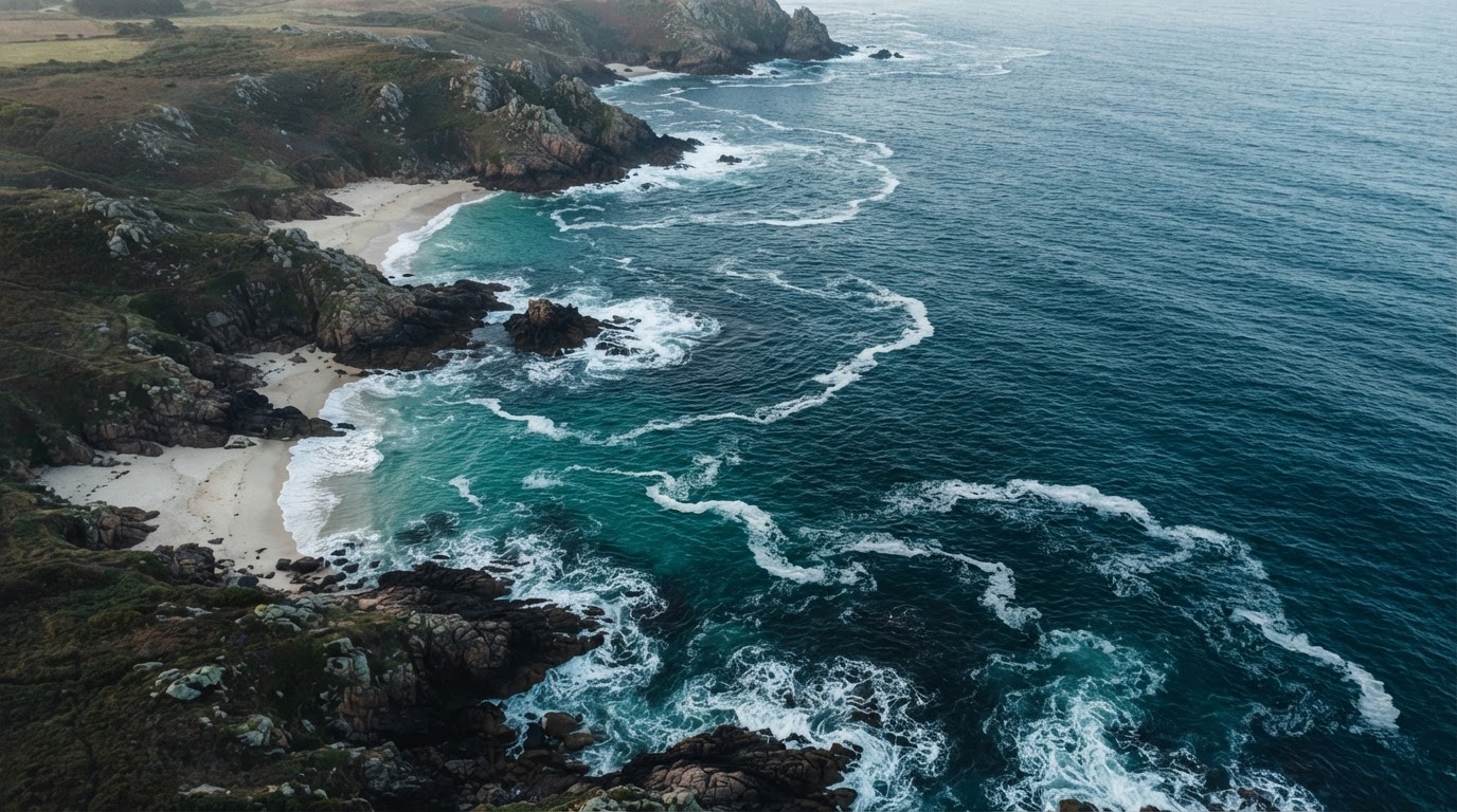 Côte bretonne vue du ciel, eaux turquoise et rochers