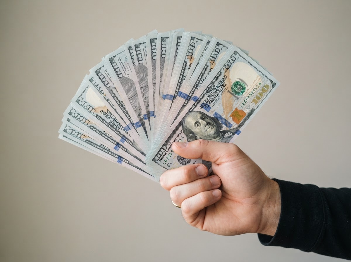 Hand holding $5,000 in cash from a personal loan