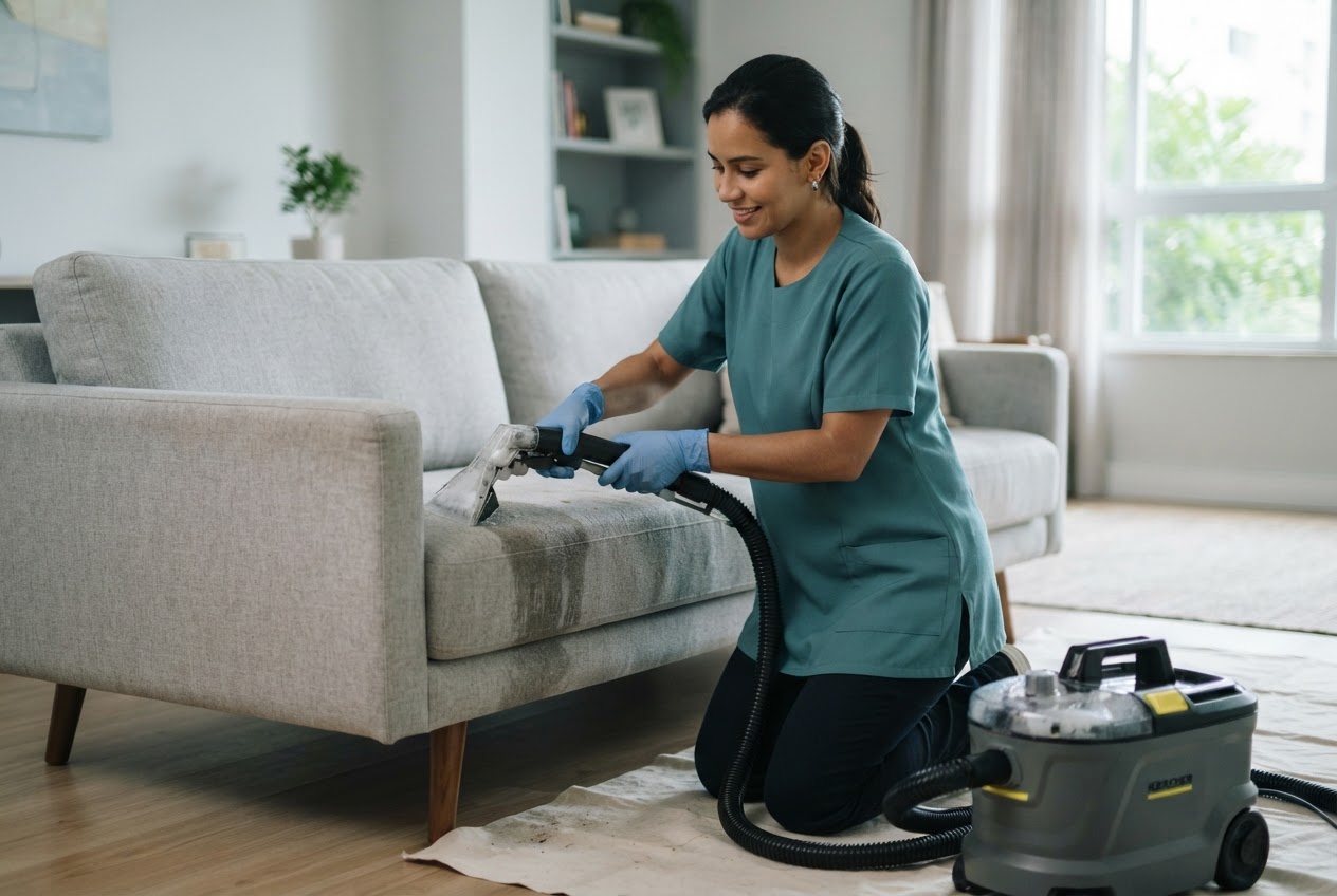 Profissional higienizando um sofá com uma máquina de limpeza de estofados