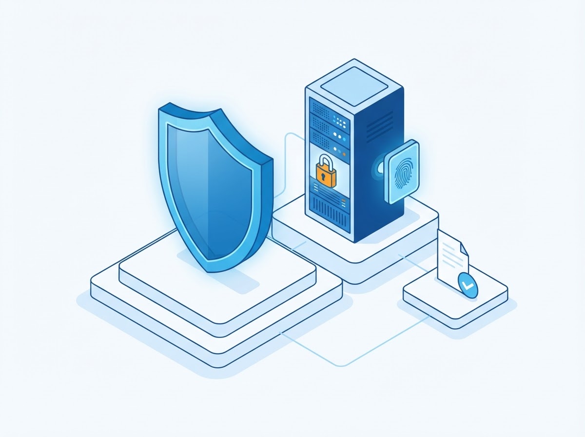 Isometric illustration of a shield beside a locked server rack, fingerprint pad and audit log document