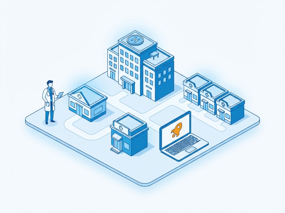 Isometric illustration of a doctor, a clinic, a hospital, connected branch clinics and a startup laptop on one platform