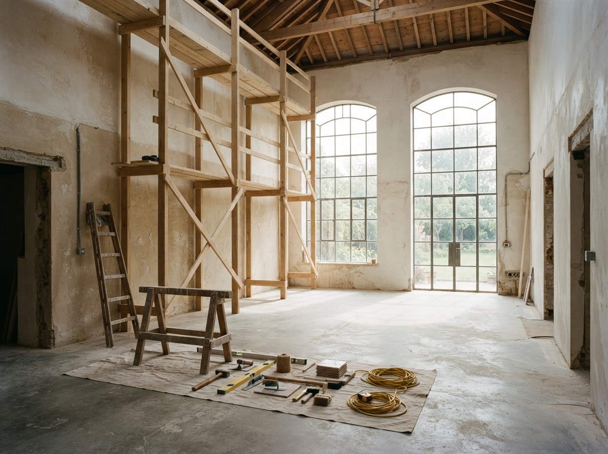 Pièce en cours de rénovation avec échafaudage, éclairée par de hautes fenêtres
