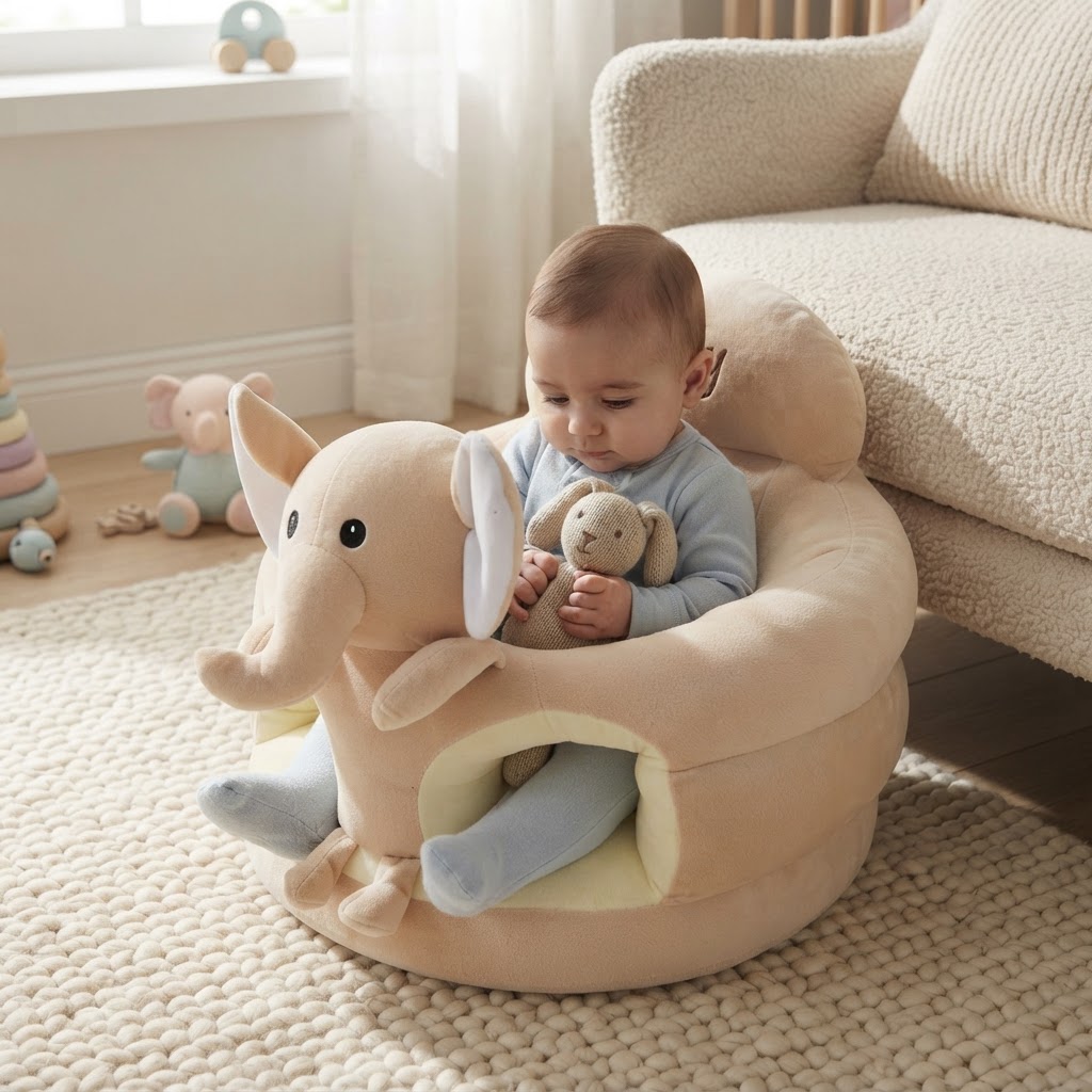 Young baby supported in an Oat Elephant Hugsy Seat