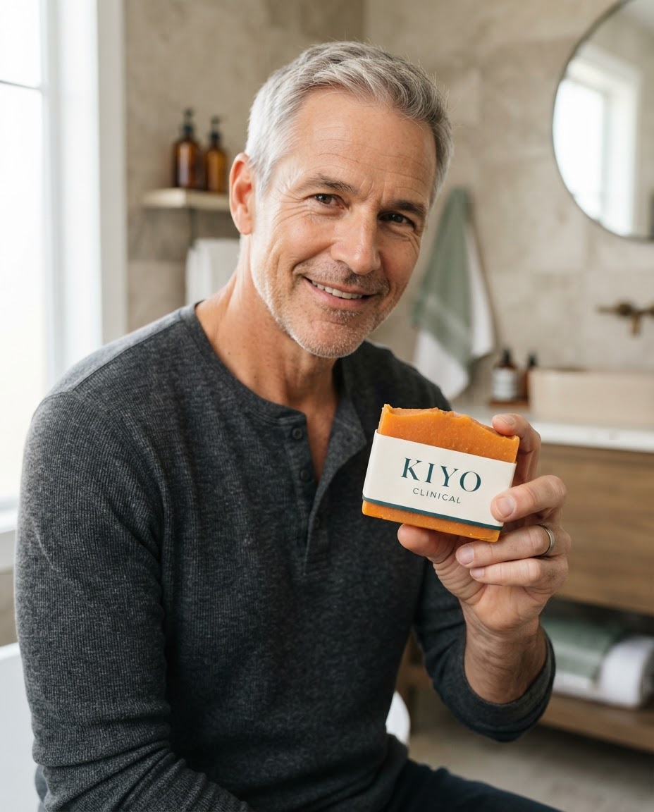 Marcus holding a Kiyo Clinical soap bar
