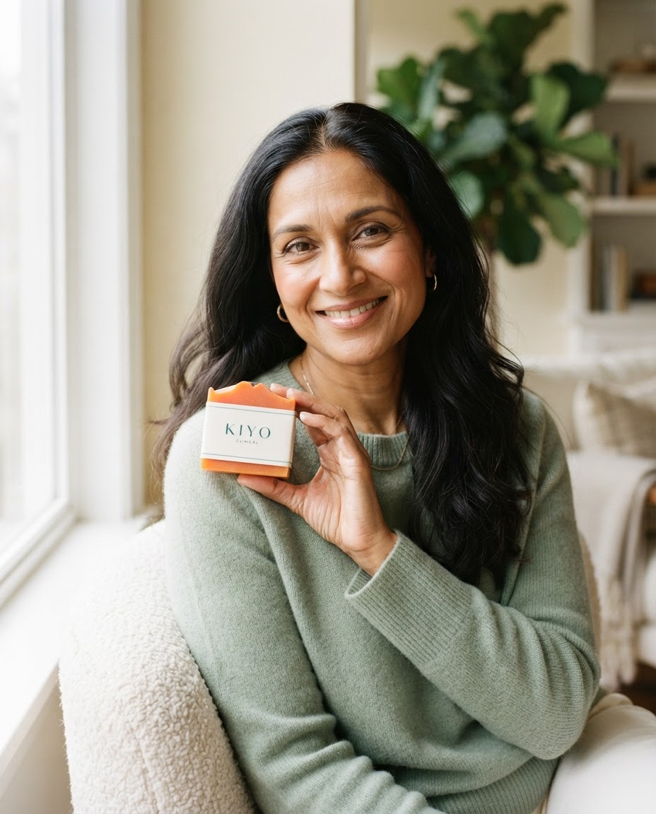 Priya holding a Kiyo Clinical soap bar