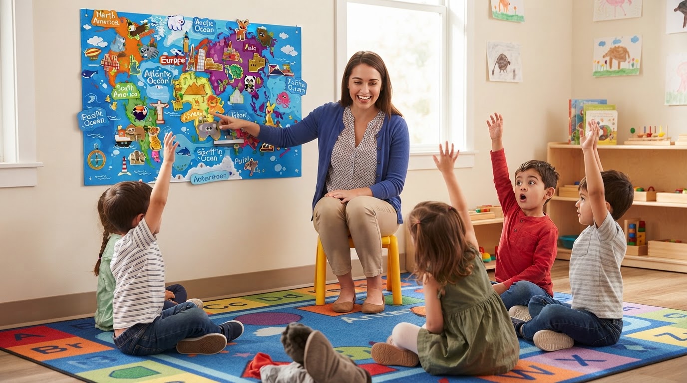 Preschool teacher using the World Map felt board at circle time